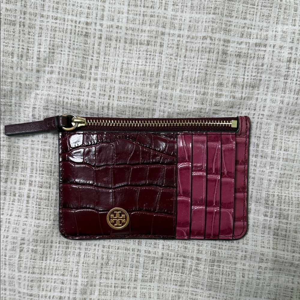 Tory Burch Burgundy and Pink Croc-Embossed Card Case
